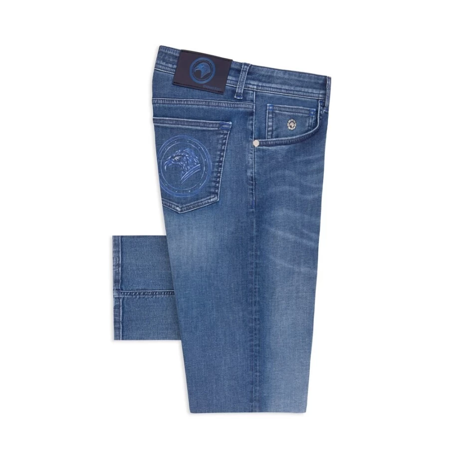 "Stefano Ricci Men's Slim Fit Jeans Featuring Hand-Painted Eagle Head Design"