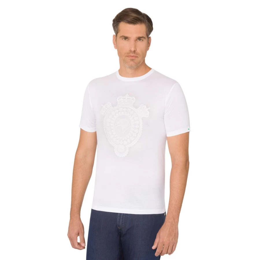 Stefano Ricci Men's Crown Motif Crew Neck Cotton T-Shirt Luxury Casual Top