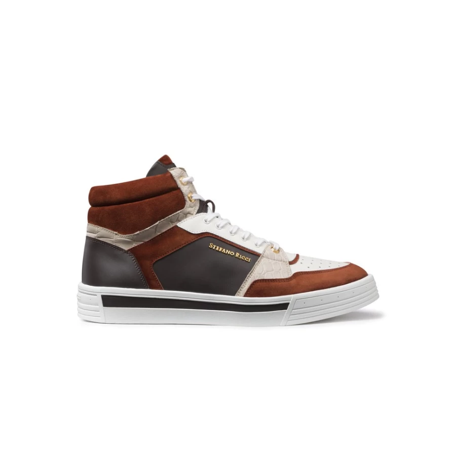 "Stefano Ricci Luxury High Top Sneakers in Suede, Calfskin & Crocodile Leather"