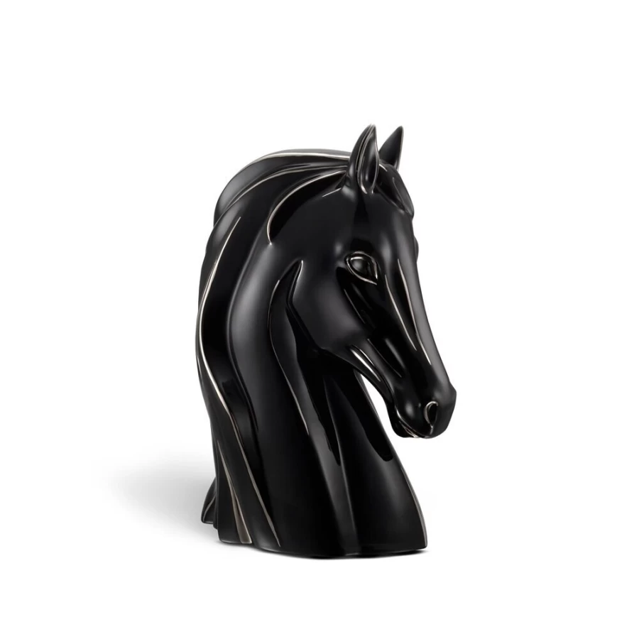 "Stefano Ricci Luxury Platinum Black Gloss Porcelain Horse Bust Decor - Elegant Home Ornament"