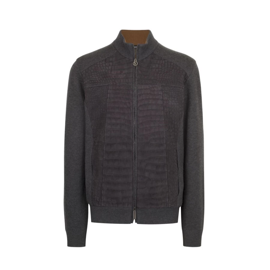 "Stefano Ricci Men's Knit Blouson Jacket with Genuine Crocodile Leather Inserts – Color J22301_3101"
