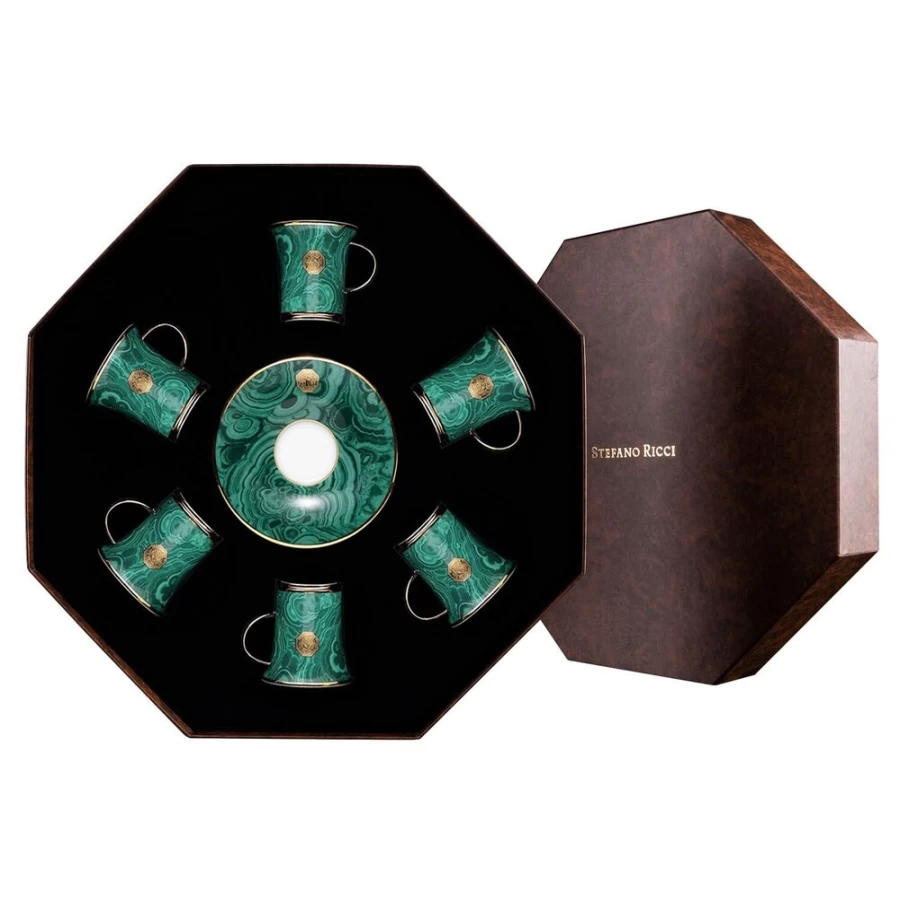 "Stefano Ricci Luxury Royal Malachite Teacups Gift Box Set - Premium Porcelain Tea Cups"