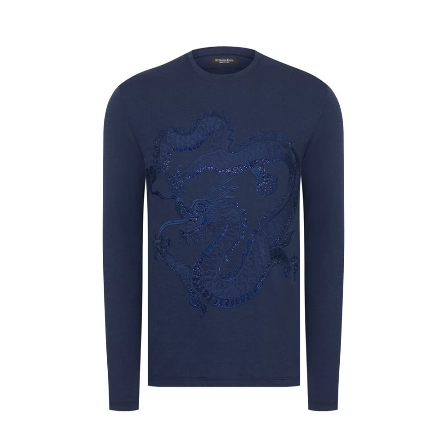 Stefano Ricci Men's B001 Red Long Sleeve T-Shirt with Embroidered Chinese Dragon Design