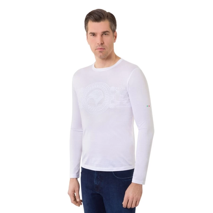 Stefano Ricci Men's Eagle Head Embroidered Long Sleeve T-Shirt in White