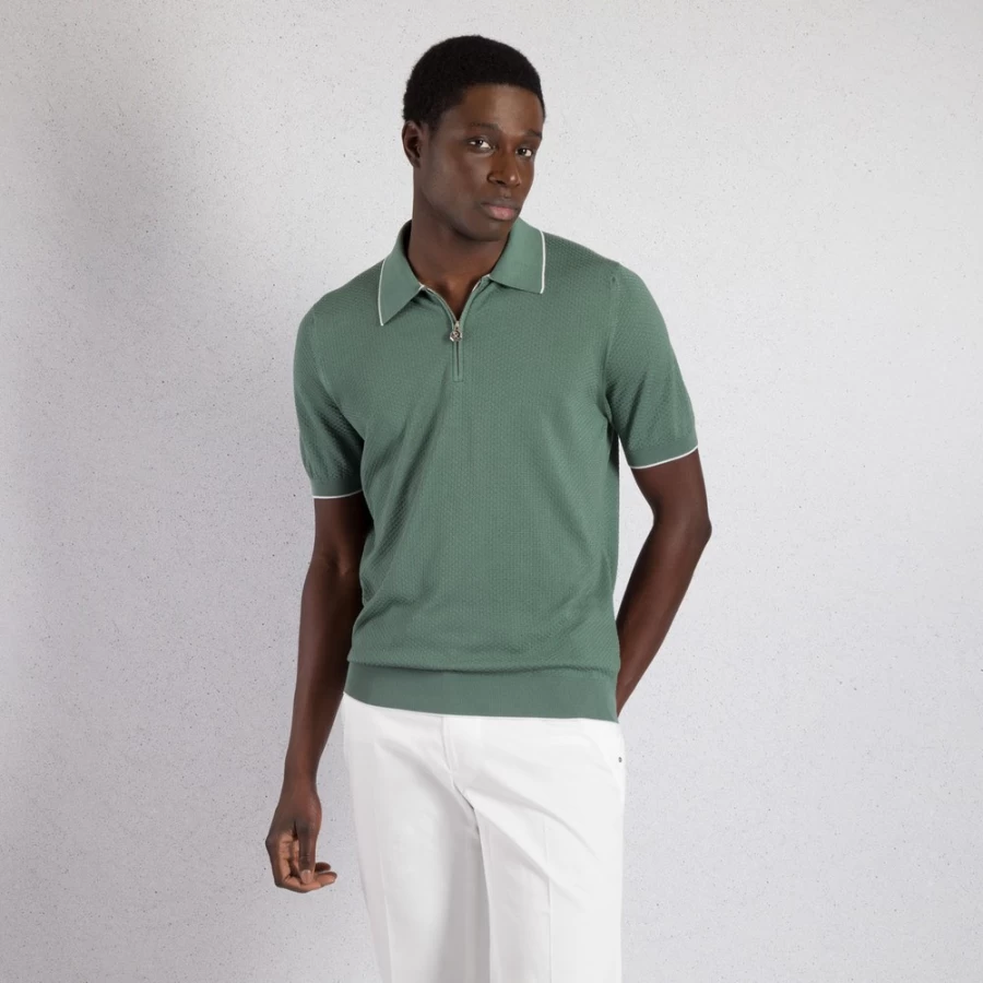 Stefano Ricci Men's Silk Polo Shirt with Zip Detail in Classic Color F23123_3317