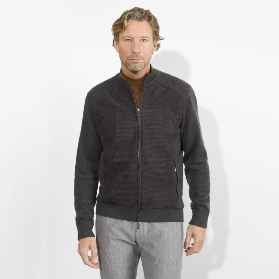 "Stefano Ricci Men's Knit Blouson Jacket with Genuine Crocodile Leather Inserts – Color J22301_3101"