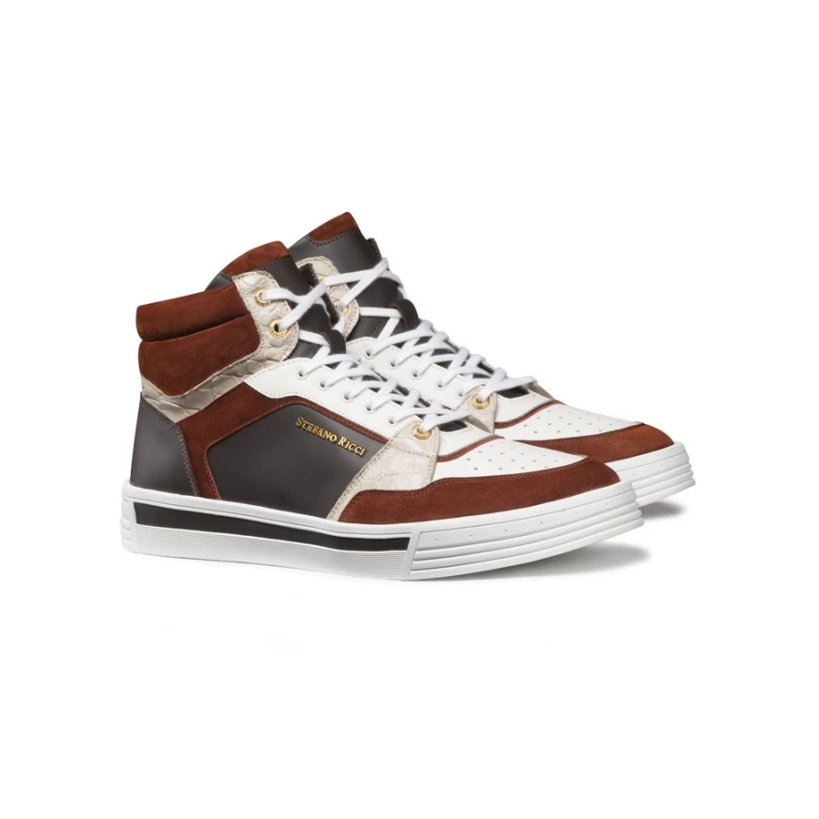 "Stefano Ricci Luxury High Top Sneakers in Suede, Calfskin & Crocodile Leather"