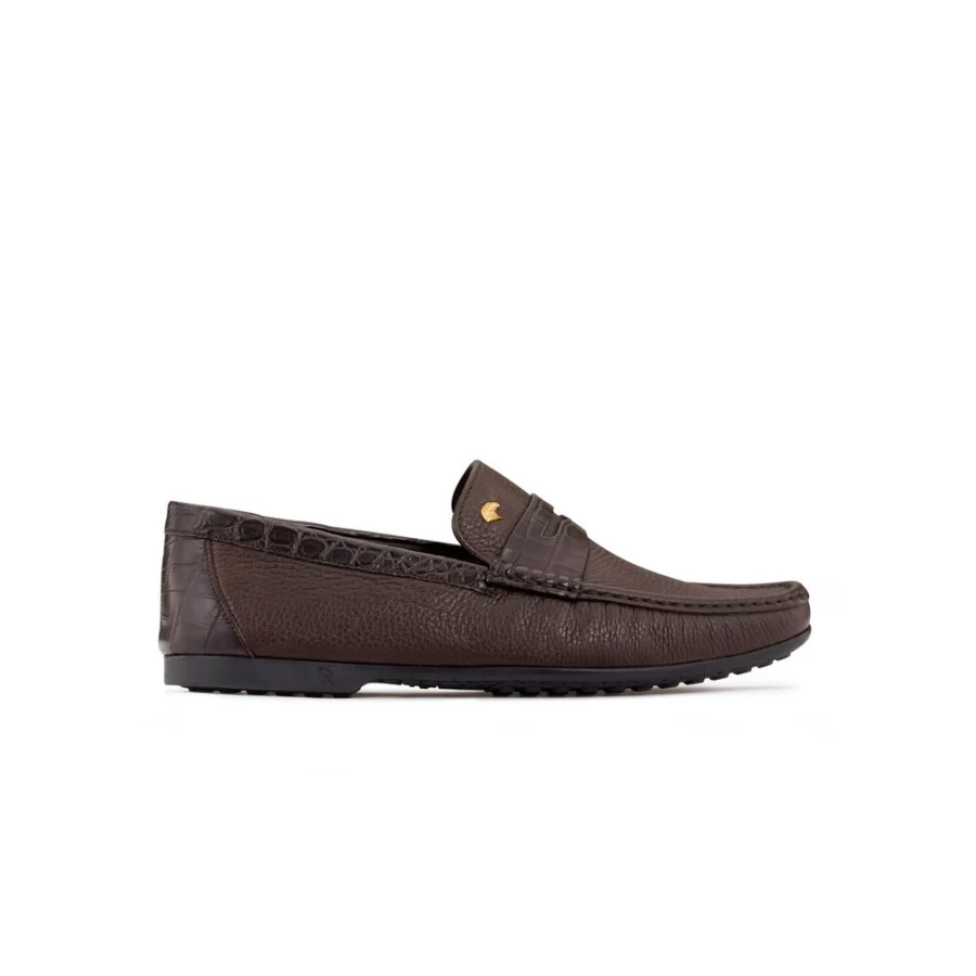 Stefano Ricci M019 Brown Deerskin & Crocodile Leather Luxury Penny Loafers for Men