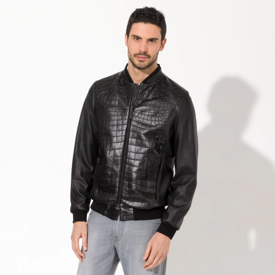 "Stefano Ricci Men's Luxury Blouson Jacket in Matted Crocodile & Deer Leather"