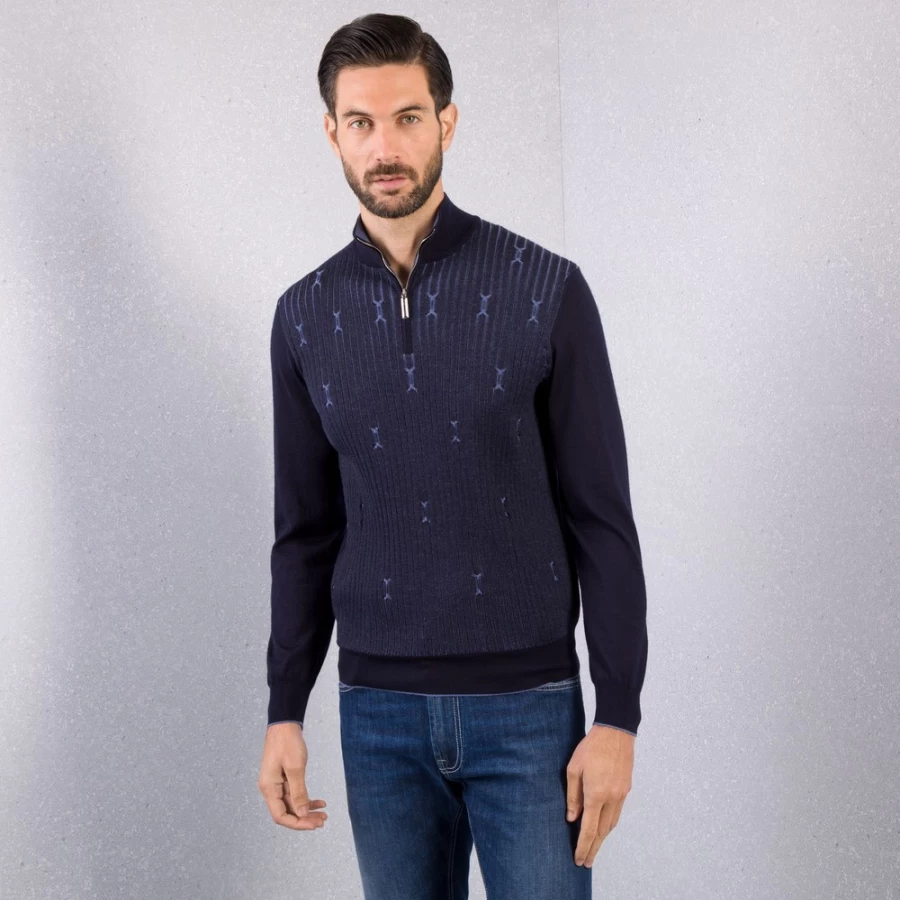 Stefano Ricci Men's Knit Zip Mock Neck Sweater - Premium Cotton Zip-Up Casual Pullover