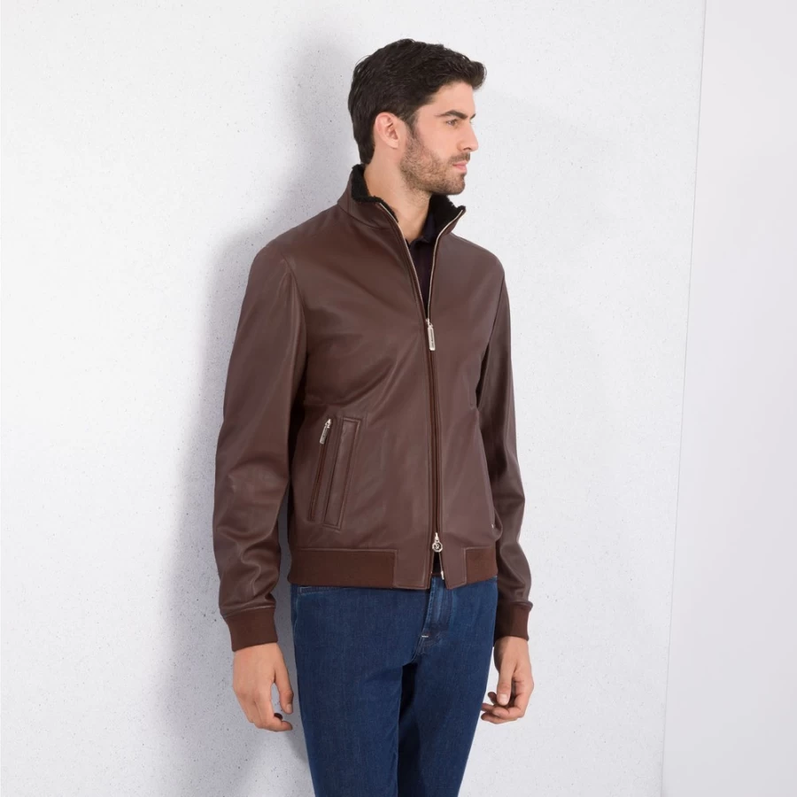 Stefano Ricci Men's Lambskin Leather Shearling Blouson Jacket in R049 Brown