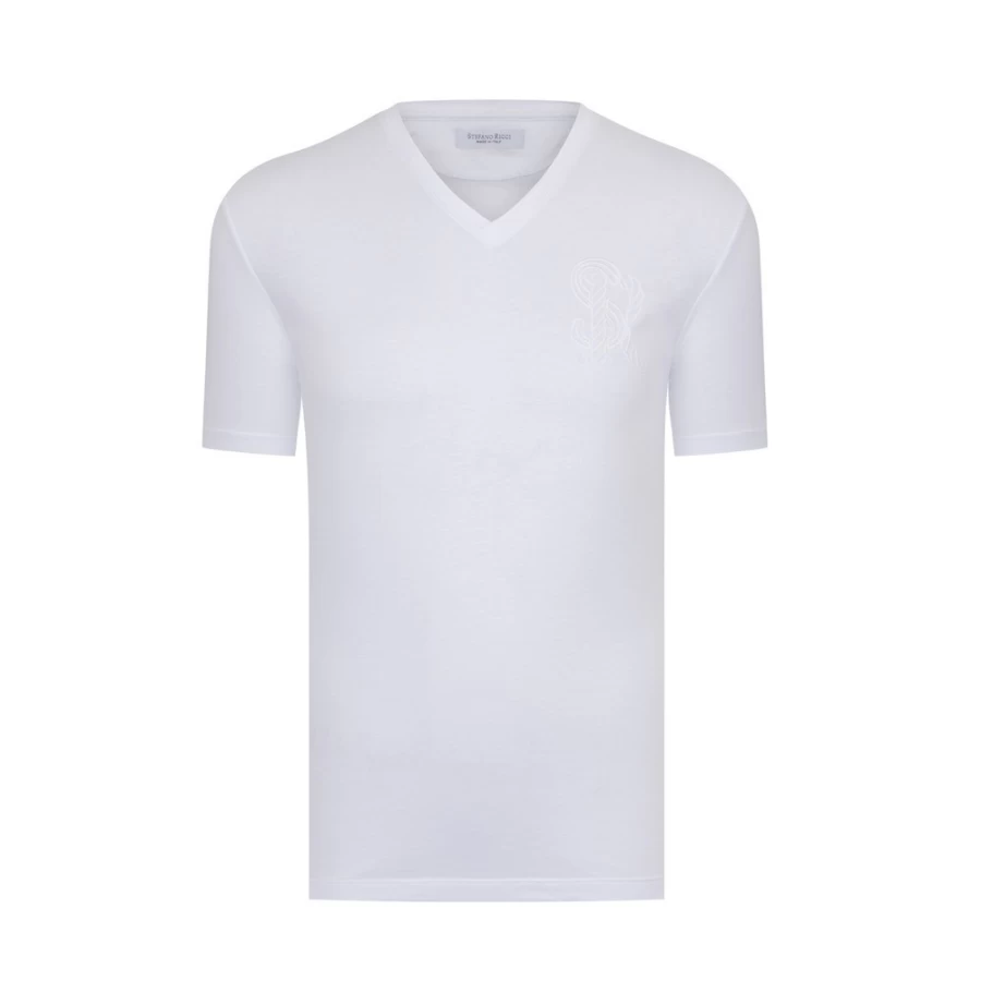 Stefano Ricci Men's Premium Cotton Cord Crew Neck T-Shirt in Classic White (W000)