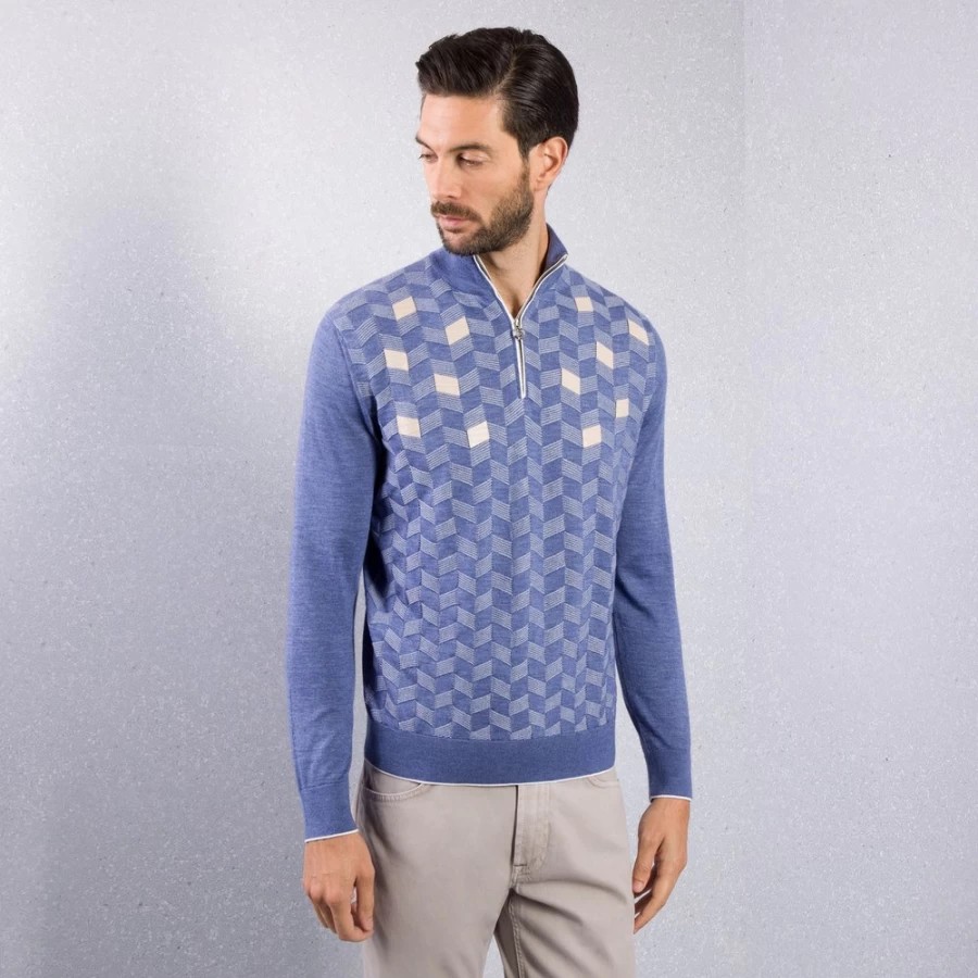Stefano Ricci Men's Knit Zip Mock Neck Sweater - Premium Cotton Zip-Up Collared Pullover