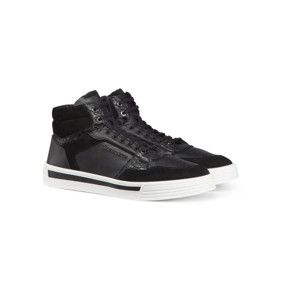 "Stefano Ricci Luxury High Top Sneakers in Suede, Calfskin & Genuine Crocodile Leather"