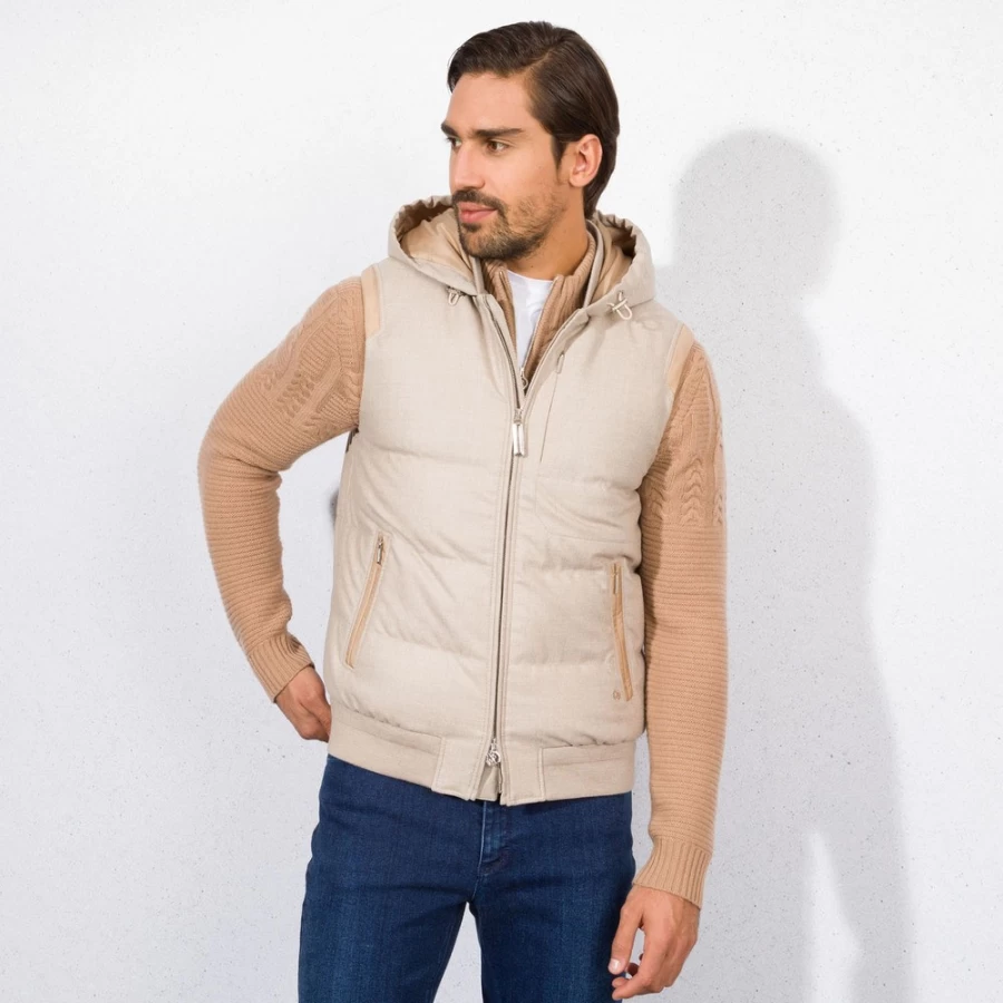 Stefano Ricci Men's Wool & Cashmere Hooded Vest Gilet in Beige (WC002G_1019)