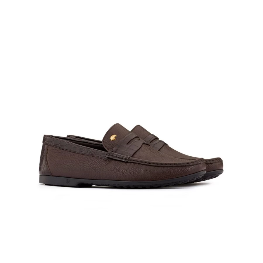 Stefano Ricci M019 Brown Deerskin & Crocodile Leather Luxury Penny Loafers for Men
