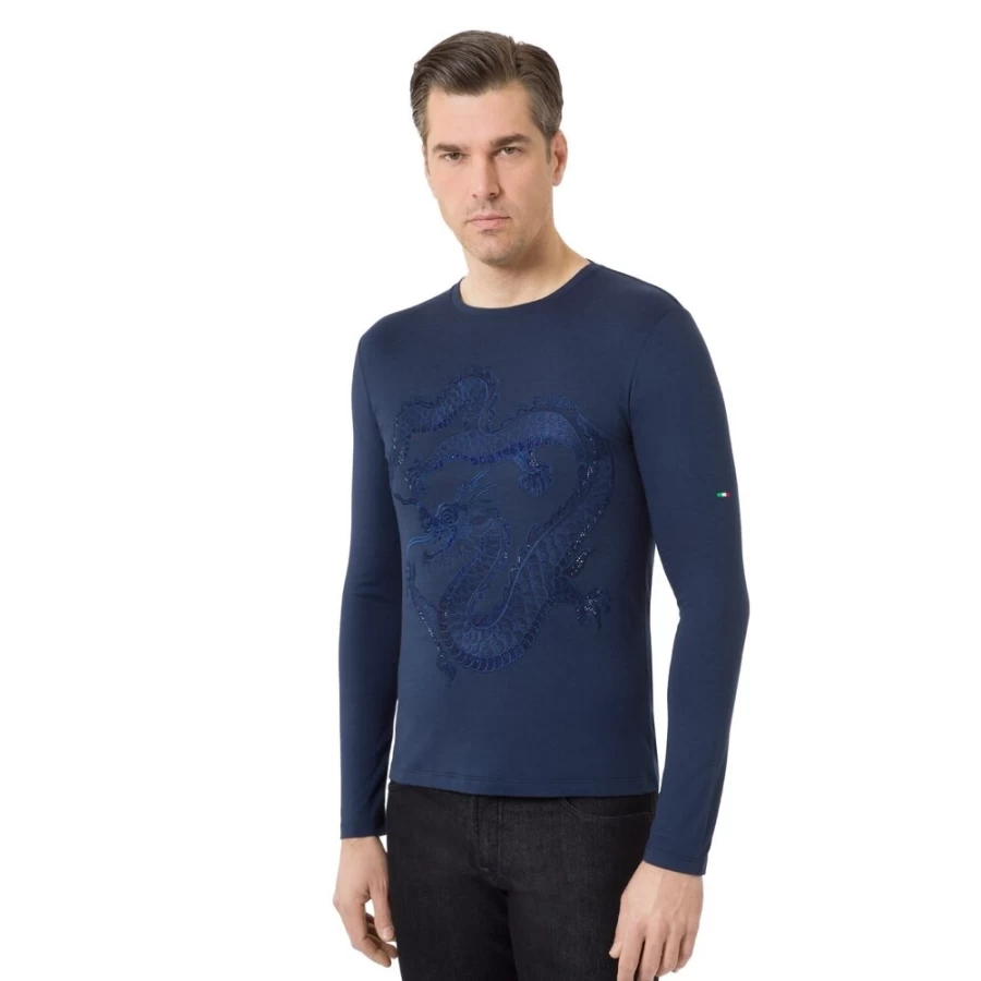 Stefano Ricci Men's B001 Red Long Sleeve T-Shirt with Embroidered Chinese Dragon Design