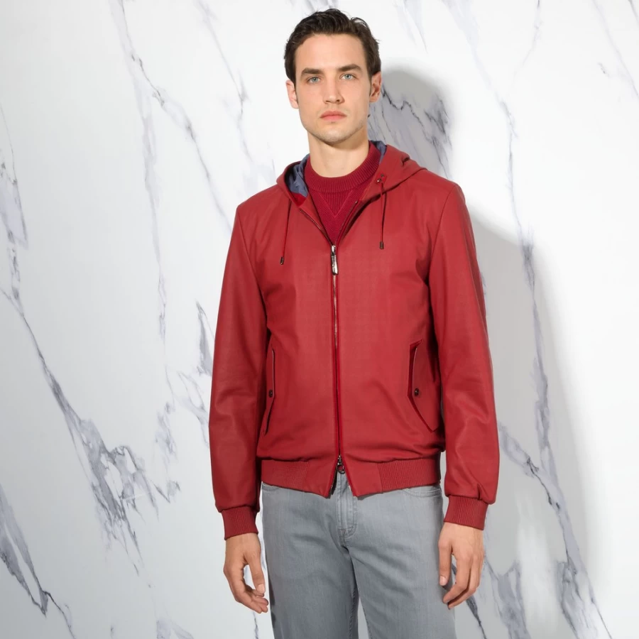 Stefano Ricci Men's Luxurious Lambskin Leather Hooded Blouson Jacket