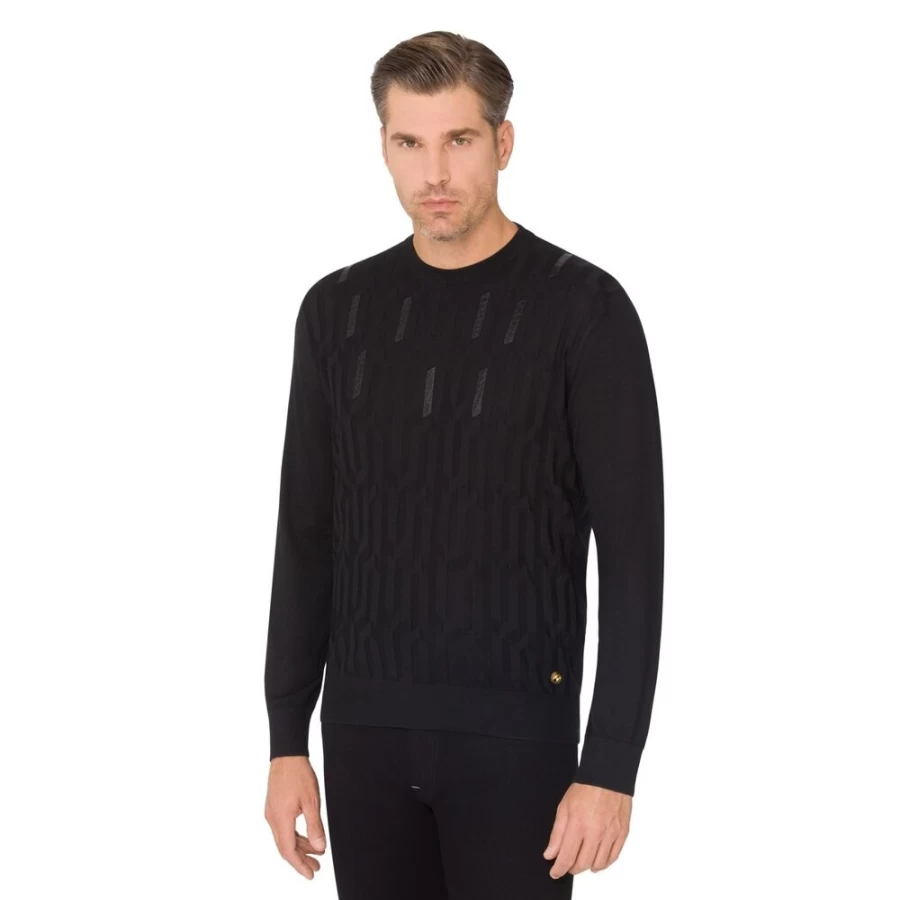 Stefano Ricci Men's Crocodile Leather Trim Crew Neck Sweater in F19427_2131